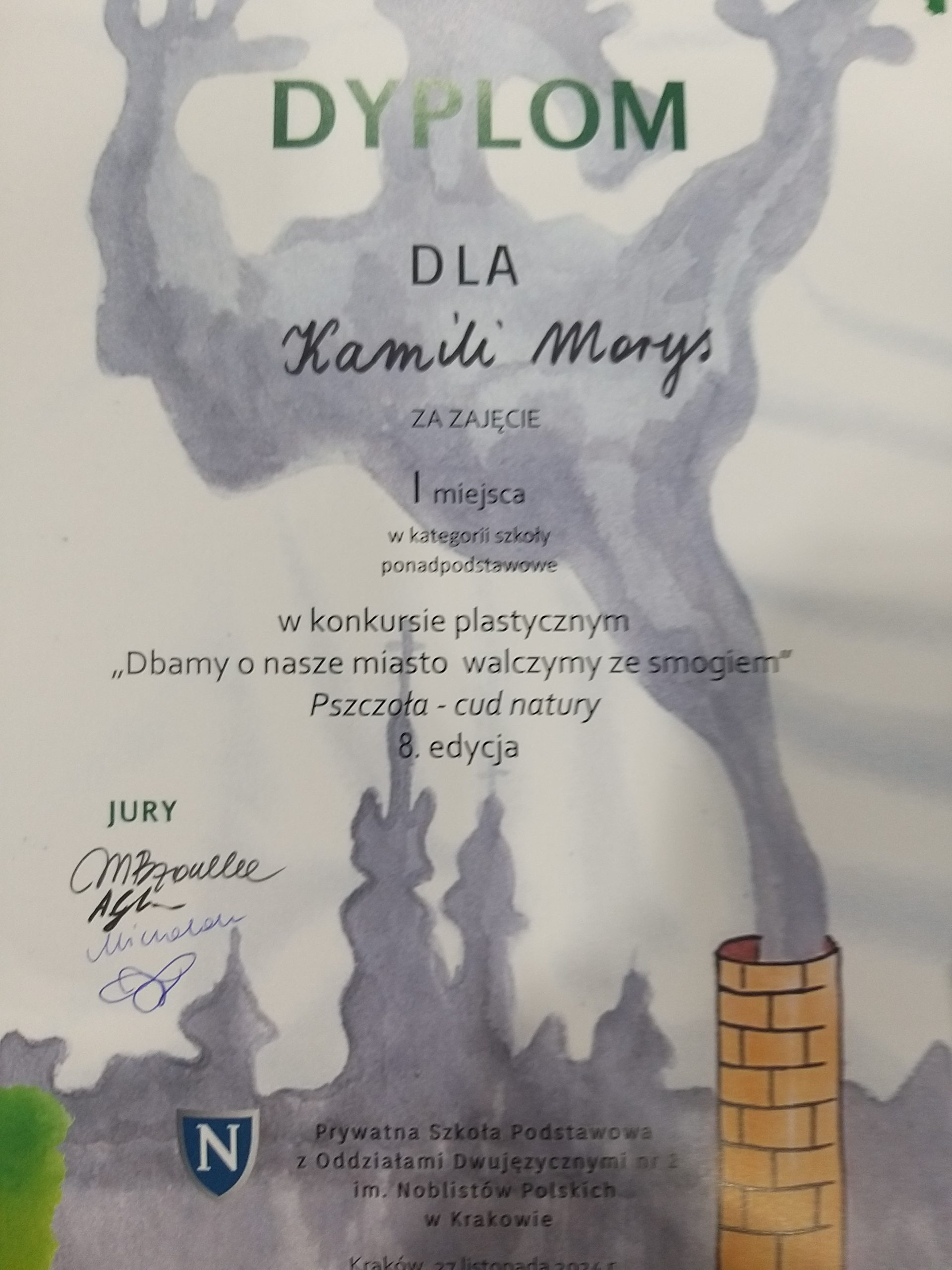 Zwycięstwo Kamili Morys w 8. edycji ekologicznego konkursu plastycznego „Dbamy o nasze miasto – walczymy ze smogiem”